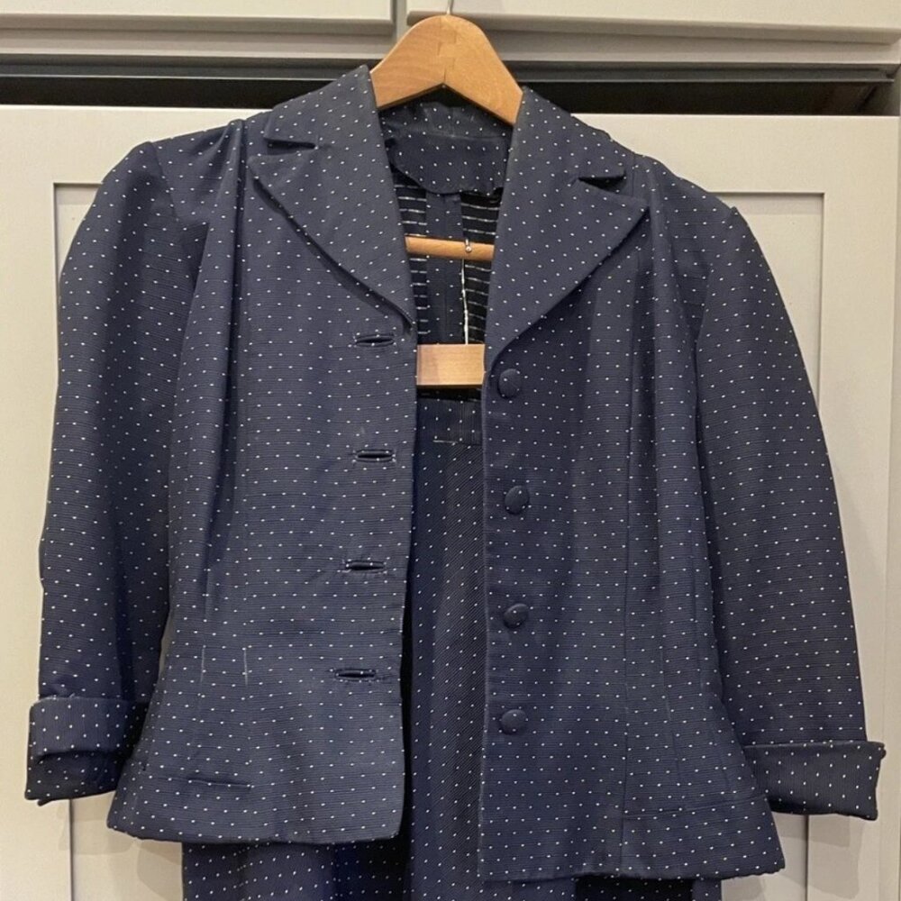 Mid-Century 1950s Navy Polka Dot Peplum Suit